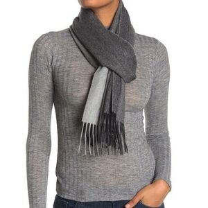 $198 - Qi Unisex Cashmere Gray Combo Double Faced Fringe Scarf 70" L x 14" W